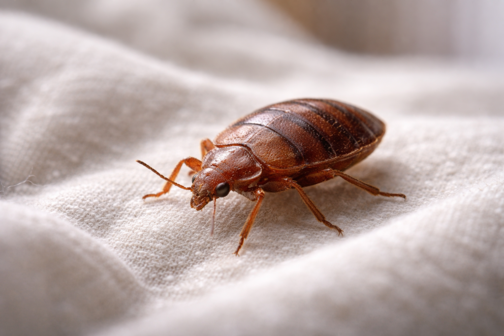 Bed bug crawling on bed sheets which is a common sign of bed bug infestations.