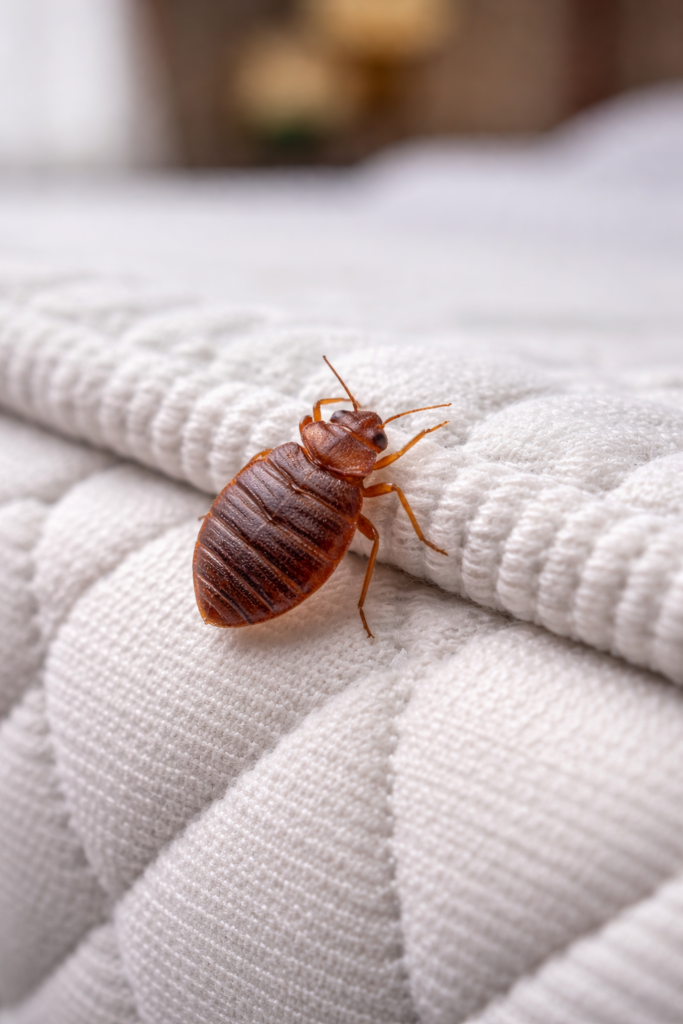 Bed bug crawling on a mattress seam which is a common sign of bed bug infestations in Cardiff homes.