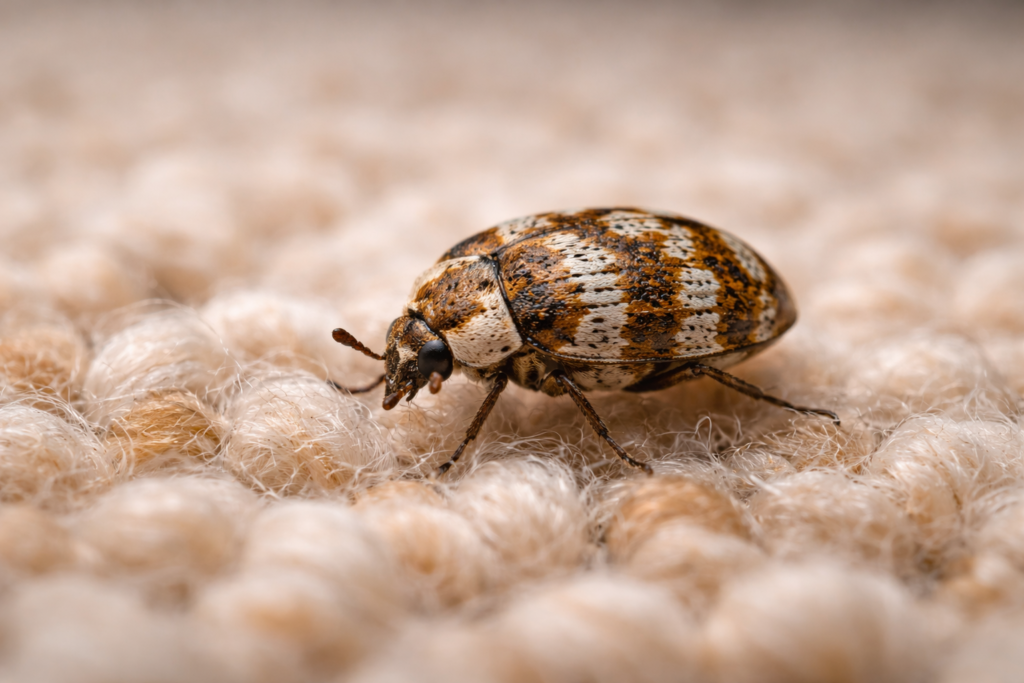 Carpet beetle on a wool carpet which can cause damage in homes in Cardiff.