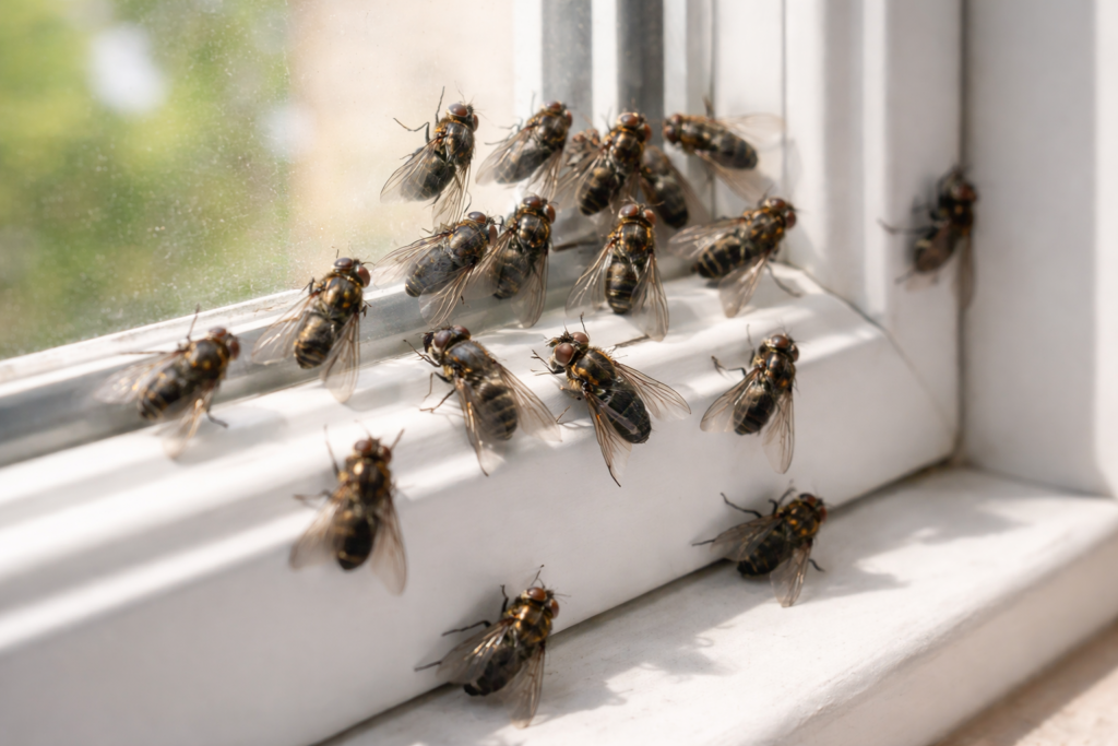 Cluster flies gathering on a window inside a Cardiff home.