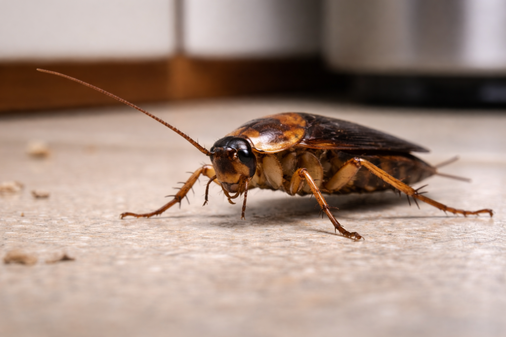 Cockroach crawling on a kitchen floor which is a common sign of cockroach infestations in Cardiff homes.