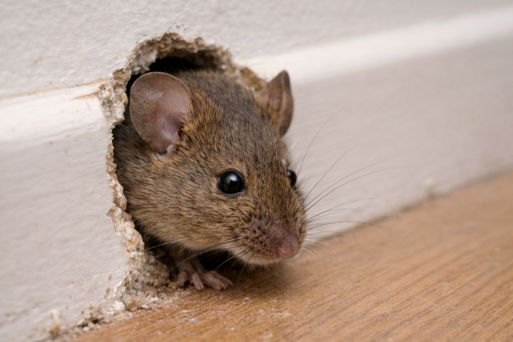 Mouse squeezing through a small hole in a wall which shows how mice enter homes in Cardiff.
