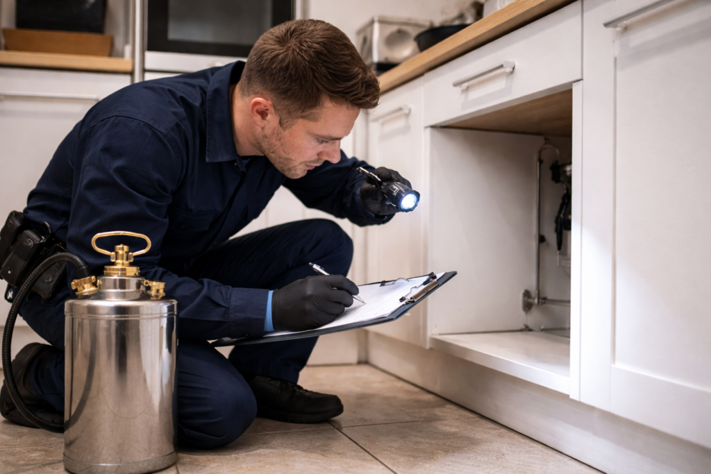 Pest control technician inspecting a home in Cardiff for pest problems.