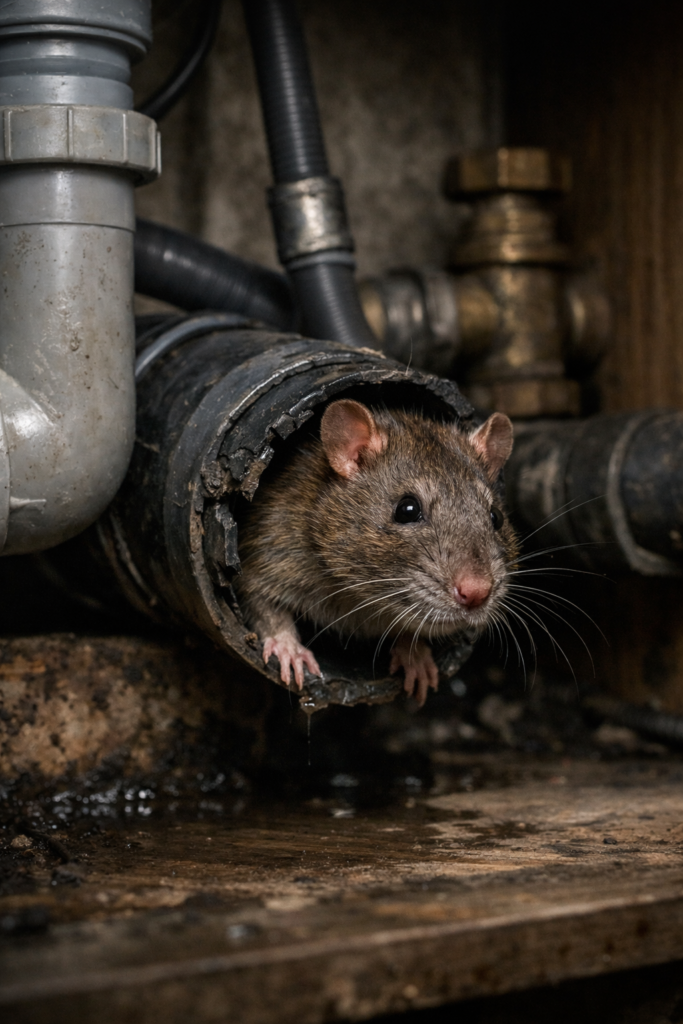 Brown rat emerging from a household drain pipe which can happen in Cardiff homes with damaged drains.