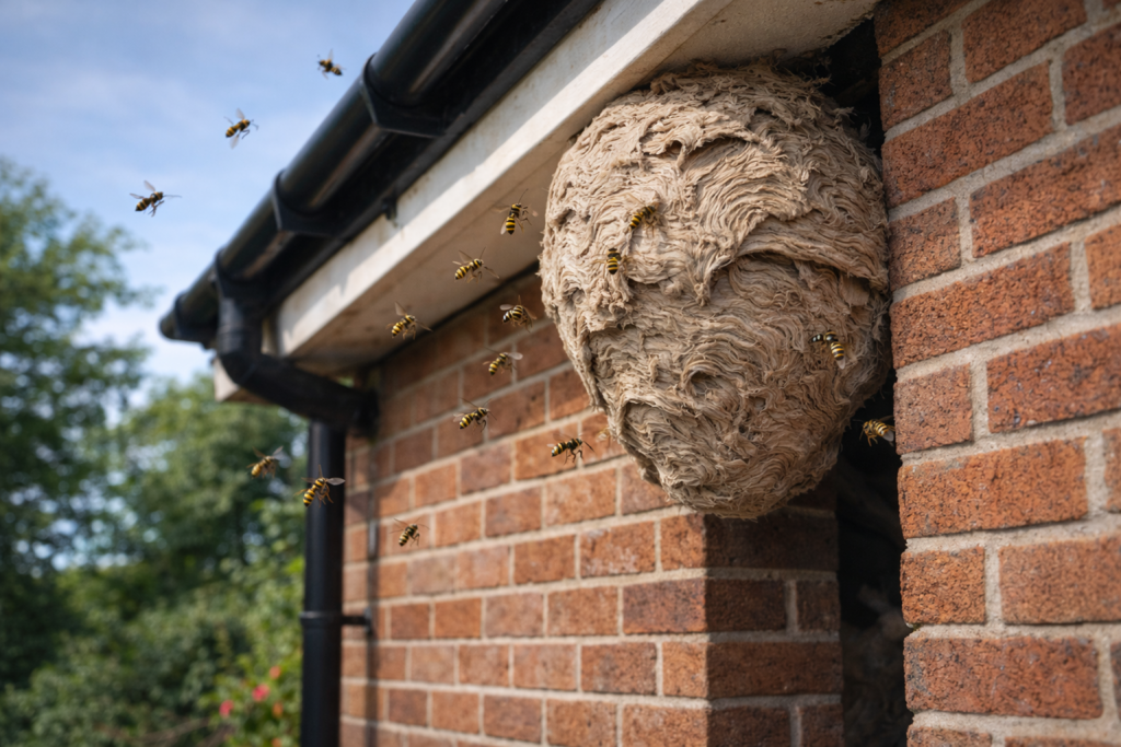 Large wasp nest attached to a house roof which is a common pest problem in Cardiff homes.